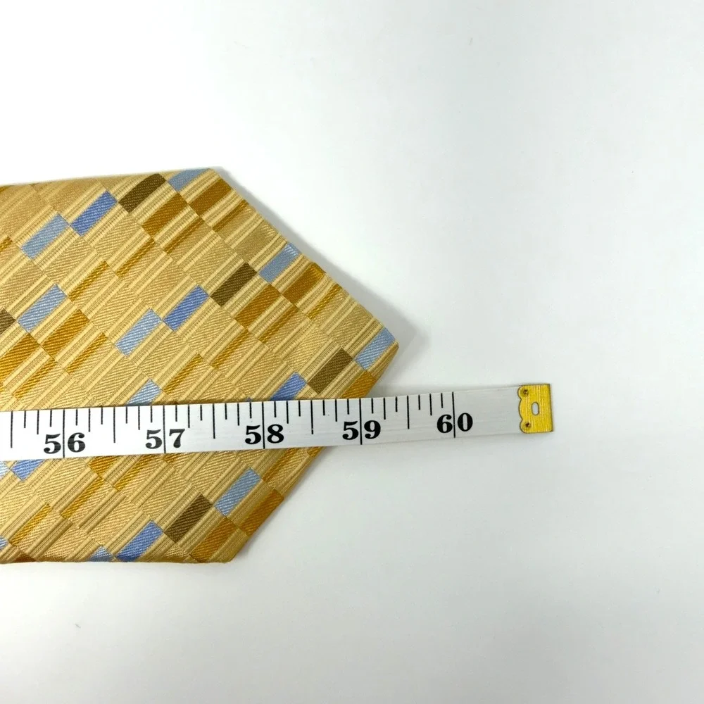 Pronto Uomo Silk Tie Geometric Gold Blue Brown 59.5 Inch‎